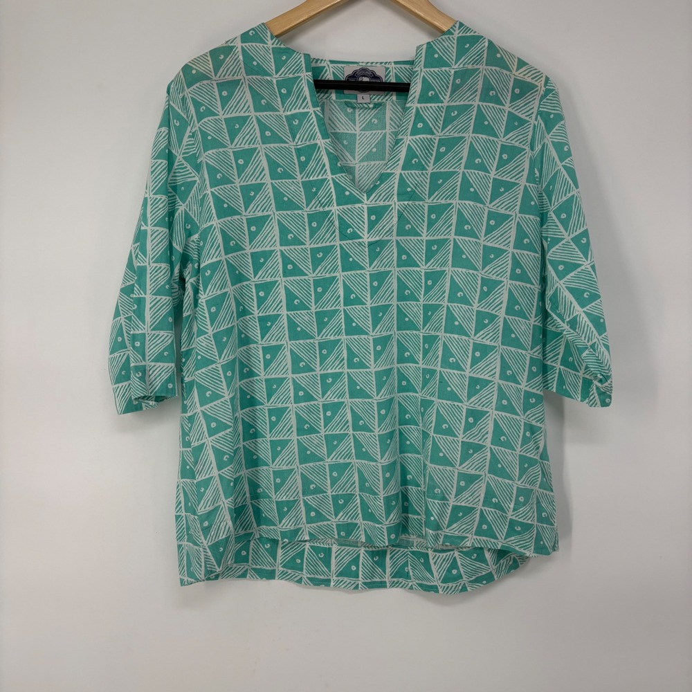 John Robshaw Textiles Cotton Tunic‎ Top Turquoise Geometric Block Print L Resort